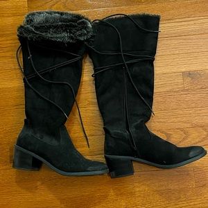 Faux Suede Black Knee High Boots with Faux Fur Cuffs, Size 11, Never Worn